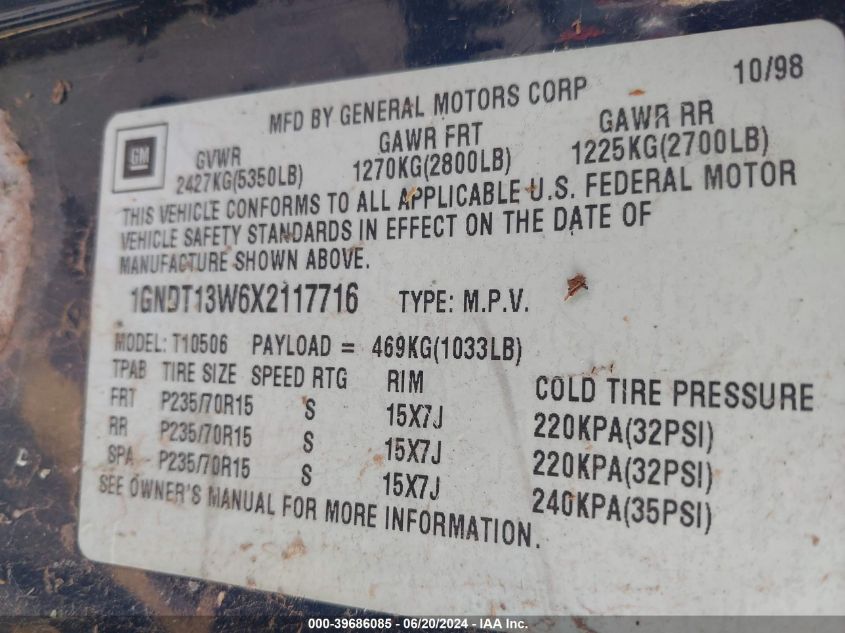 1999 Chevrolet Blazer Ls VIN: 1GNDT13W6X2117716 Lot: 39686085