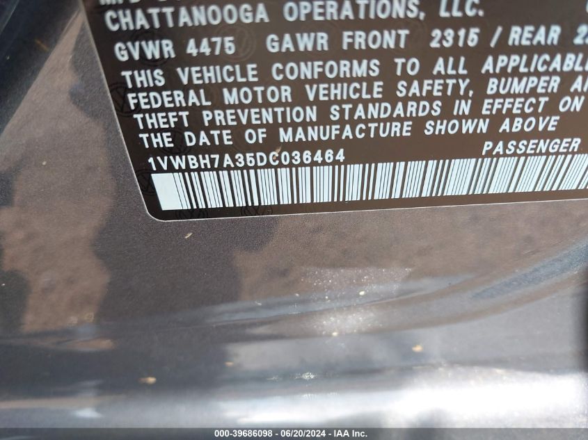 2013 Volkswagen Passat 2.5L Se VIN: 1VWBH7A35DC036464 Lot: 39686098