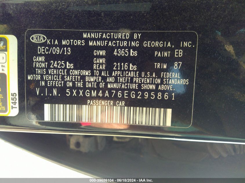 2014 Kia Optima Lx VIN: 5XXGM4A76EG295861 Lot: 39686104