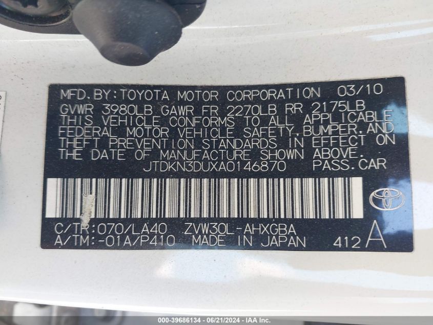 2010 Toyota Prius Iv VIN: JTDKN3DUXA0146870 Lot: 39686134