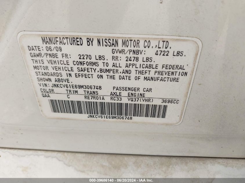 2009 Infiniti G37 Journey/Sport VIN: JNKCV61E69M306748 Lot: 39686140