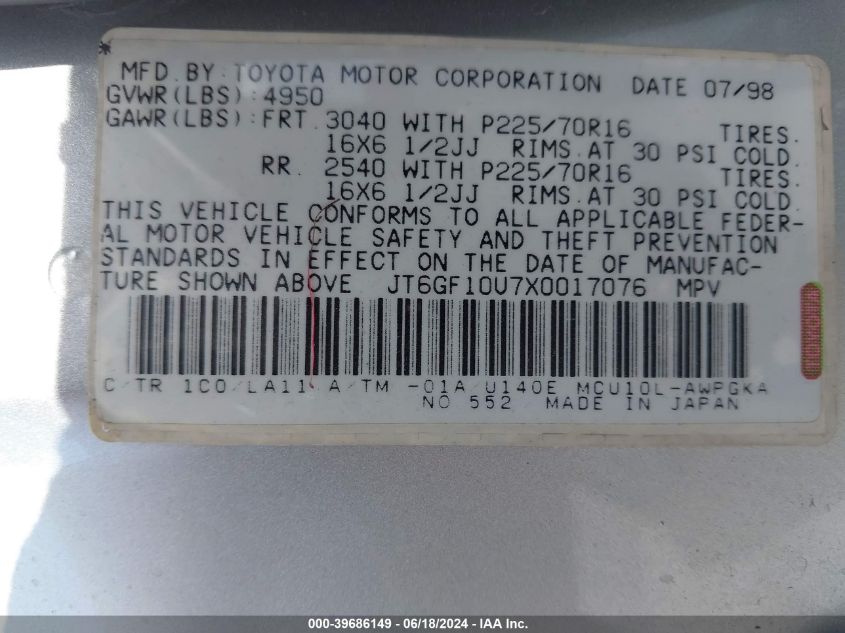 1999 Lexus Rx 300 VIN: JT6GF10U7X0017076 Lot: 39686149