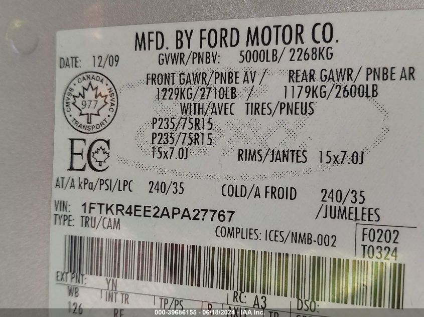 2010 Ford Ranger Sport/Xlt VIN: 1FTKR4EE2APA27767 Lot: 39686155