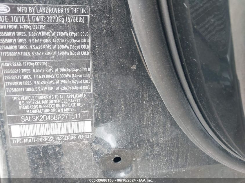 2011 Land Rover Range Rover Sport Hse VIN: SALSK2D45BA271511 Lot: 39686158