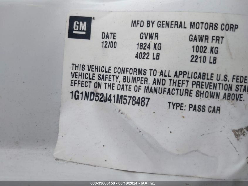 2001 Chevrolet Malibu VIN: 1G1ND52J41M578487 Lot: 39686159