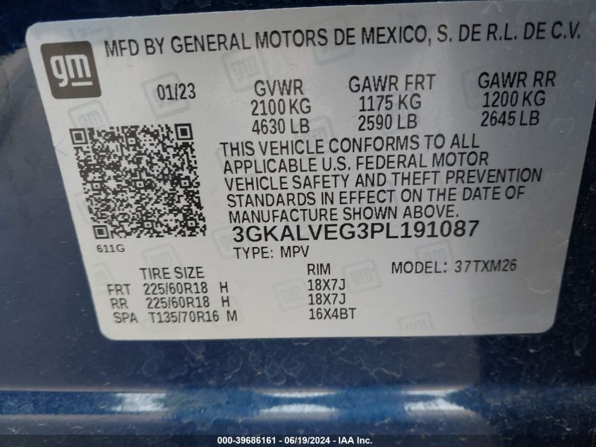 2023 GMC Terrain Slt VIN: 3GKALVEG3PL191087 Lot: 39686161