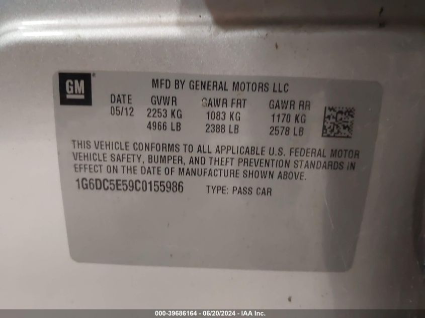 2012 Cadillac Cts Standard VIN: 1G6DC5E59C0155986 Lot: 39686164