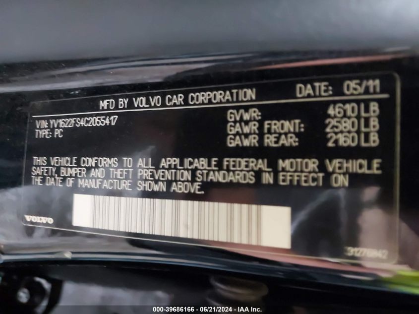 2012 Volvo S60 T5 VIN: YV1622FS4C2055417 Lot: 39686166