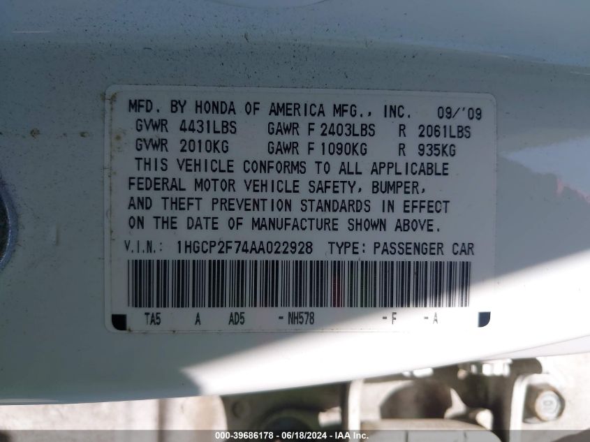 2010 Honda Accord 2.4 Ex VIN: 1HGCP2F74AA022928 Lot: 39686178