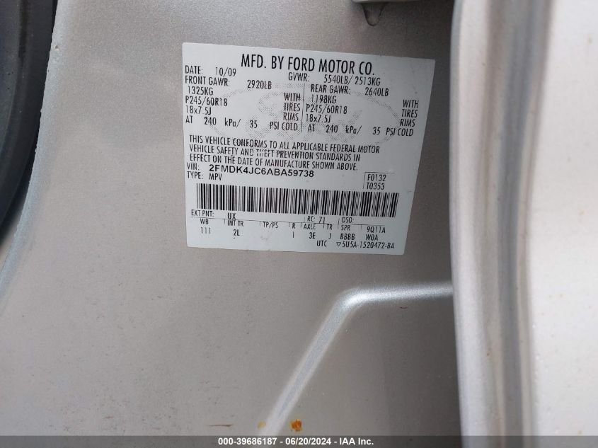 2010 Ford Edge Sel VIN: 2FMDK4JC6ABA59738 Lot: 39686187