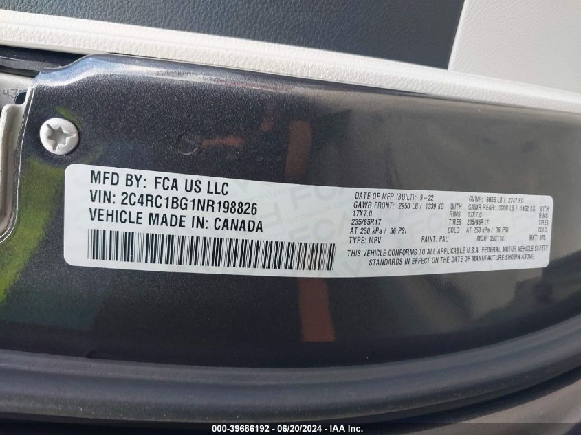 2022 Chrysler Pacifica Touring L VIN: 2C4RC1BG1NR198826 Lot: 39686192