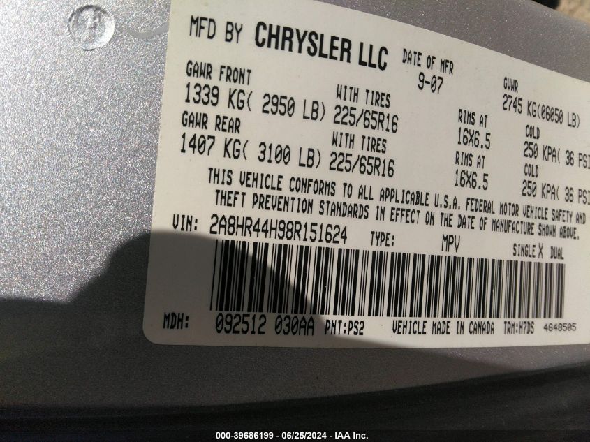 2008 Chrysler Town & Country Lx VIN: 2A8HR44H98R151624 Lot: 39686199