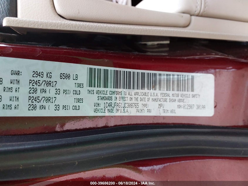 2018 Jeep Grand Cherokee Laredo 4X4 VIN: 1C4RJFAG1JC308765 Lot: 39686200