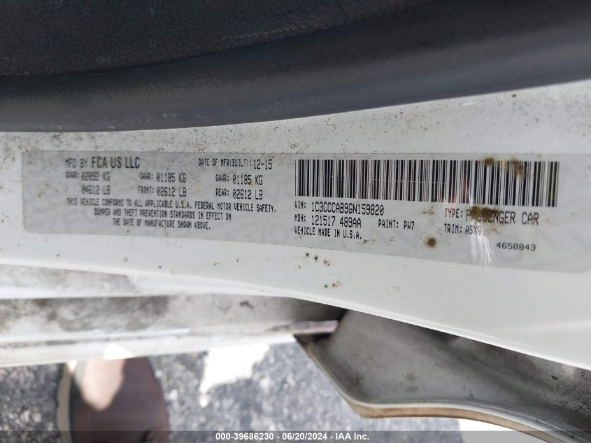 2016 Chrysler 200 Limited VIN: 1C3CCCAB9GN159820 Lot: 39686230