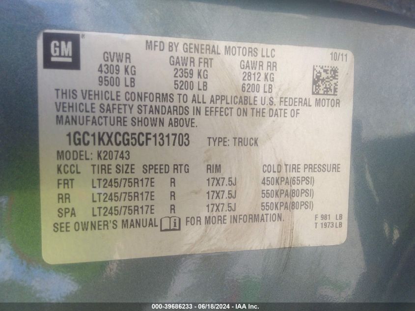 2012 Chevrolet Silverado 2500Hd Lt VIN: 1GC1KXCG5CF131703 Lot: 39686233