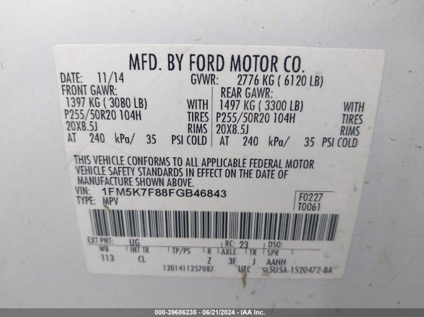 2015 Ford Explorer Limited VIN: 1FM5K7F88FGB46843 Lot: 39686235