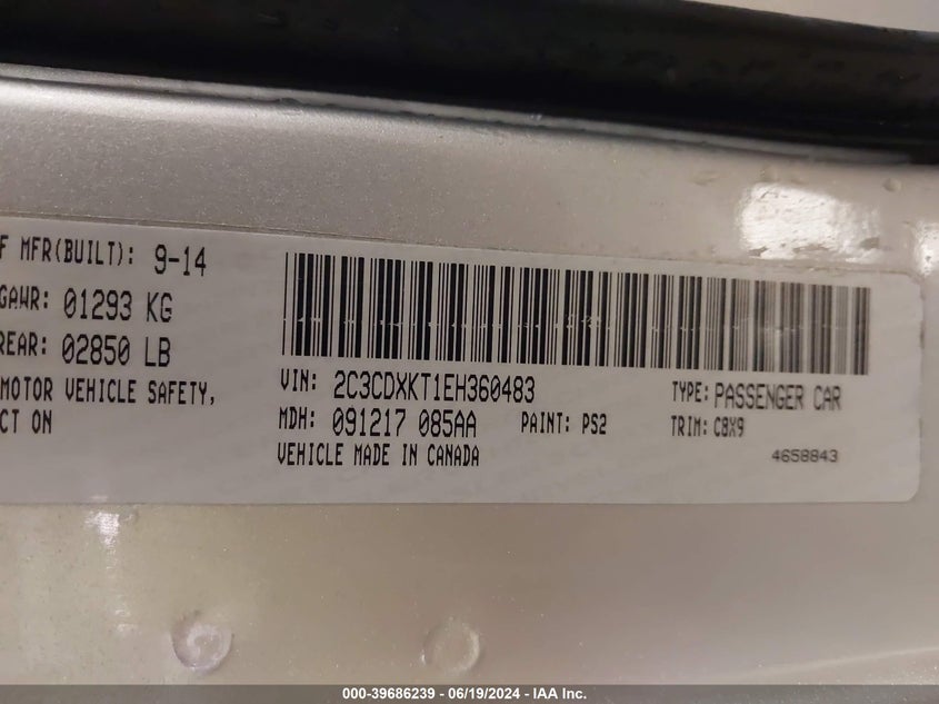 2014 Dodge Charger Police VIN: 2C3CDXKT1EH360483 Lot: 39686239