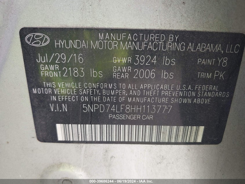 VIN 5NPD74LF8HH113777 2017 HYUNDAI ELANTRA SE
