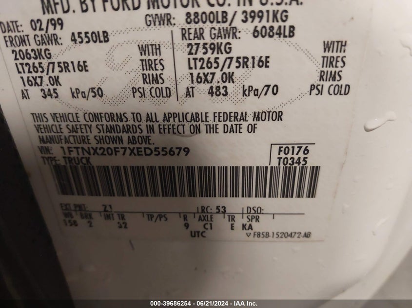 1999 Ford F-250 Lariat/Xl/Xlt VIN: 1FTNX20F7XED55679 Lot: 39686254