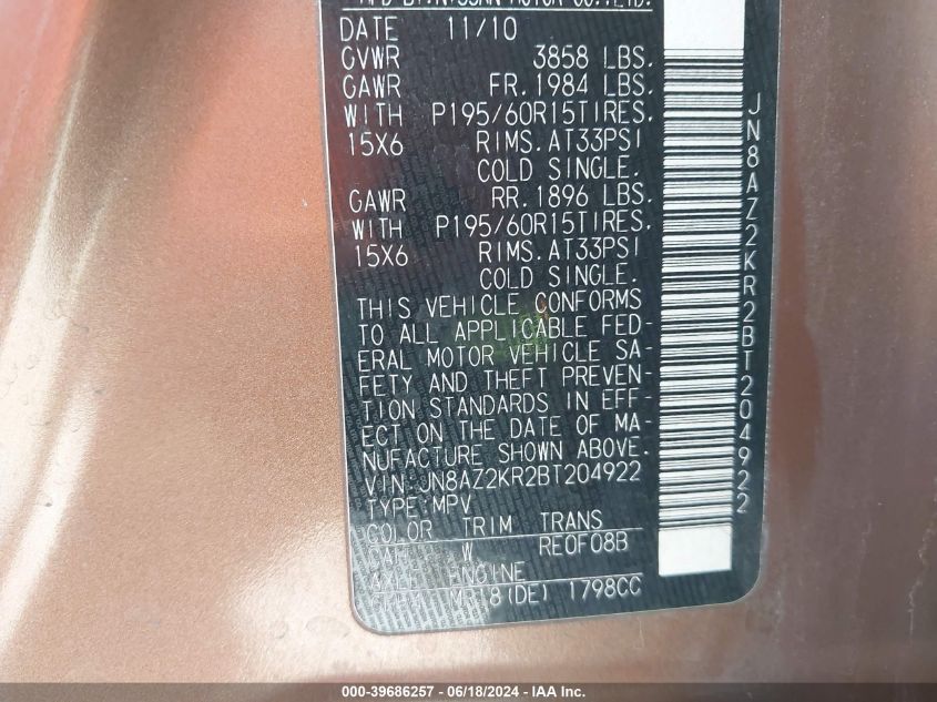 2011 Nissan Cube 1.8S VIN: JN8AZ2KR2BT204922 Lot: 39686257