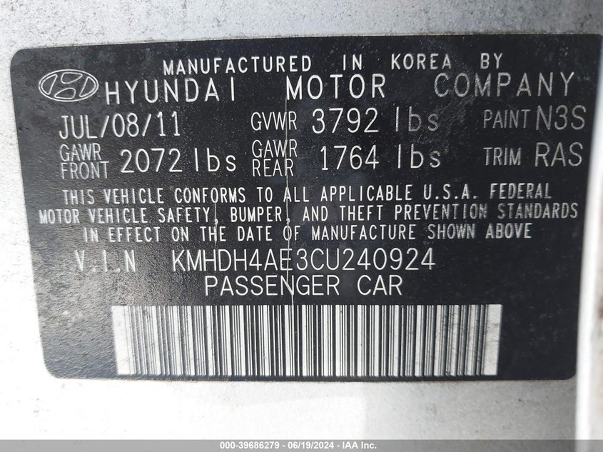2012 Hyundai Elantra Gls (Ulsan Plant) VIN: KMHDH4AE3CU240924 Lot: 39686279