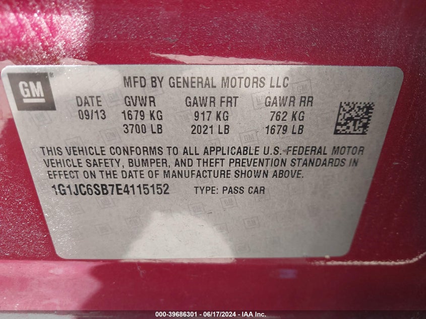 2014 Chevrolet Sonic Lt Auto VIN: 1G1JC6SB7E4115152 Lot: 39686301