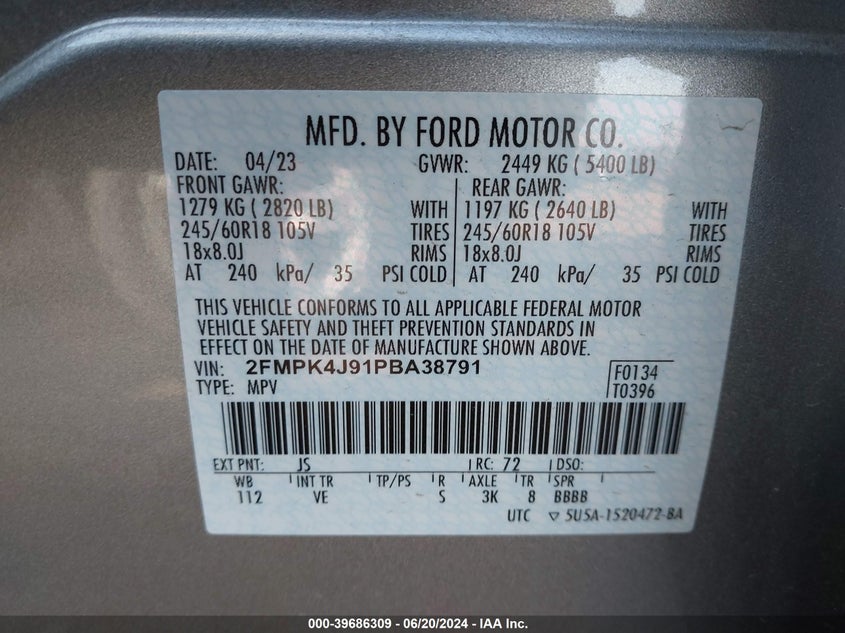 2023 Ford Edge Sel VIN: 2FMPK4J91PBA38791 Lot: 39686309