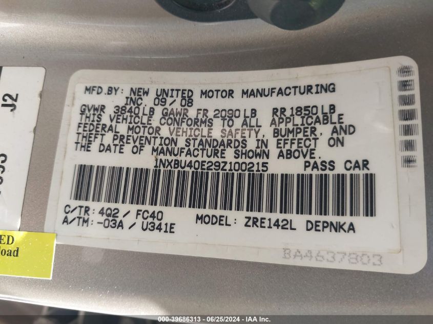 2009 Toyota Corolla S/Le/Xle VIN: 1NXBU40E29Z100215 Lot: 39686313