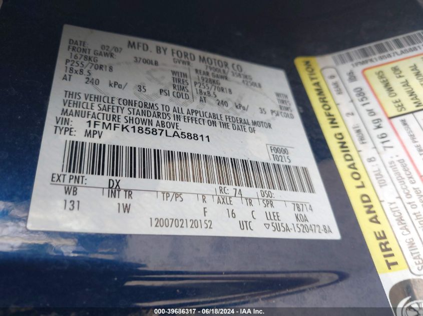 2007 Ford Expedition El Eddie Bauer VIN: 1FMFK18587LA58811 Lot: 39686317