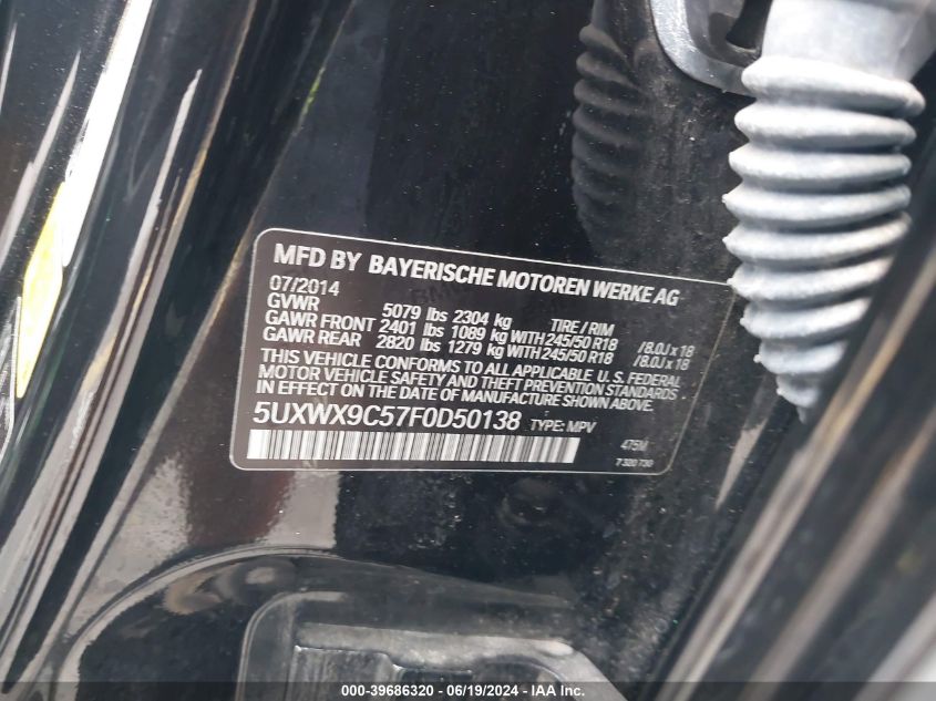 2015 BMW X3 xDrive28I VIN: 5UXWX9C57F0D50138 Lot: 39686320