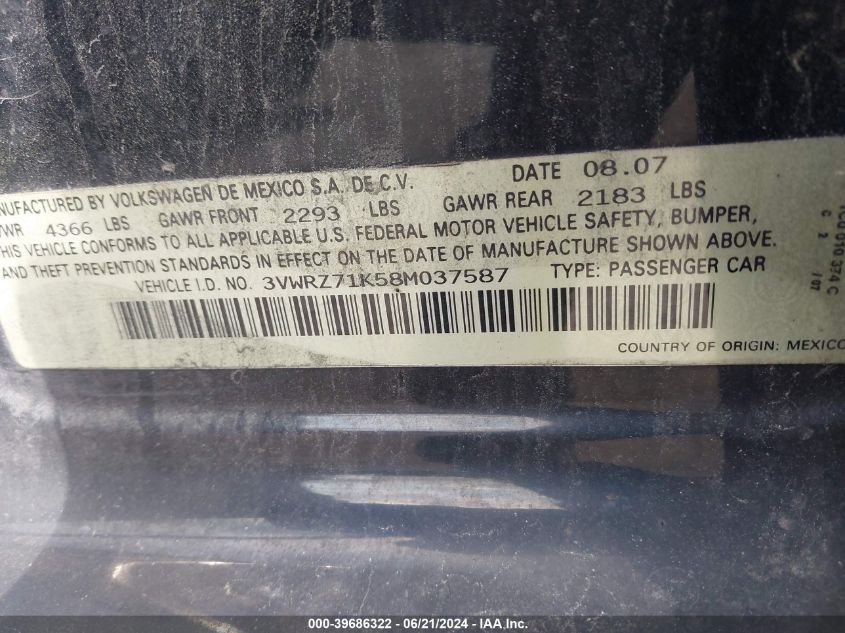 2008 Volkswagen Jetta Se/Sel VIN: 3VWRZ71K58M037587 Lot: 39686322