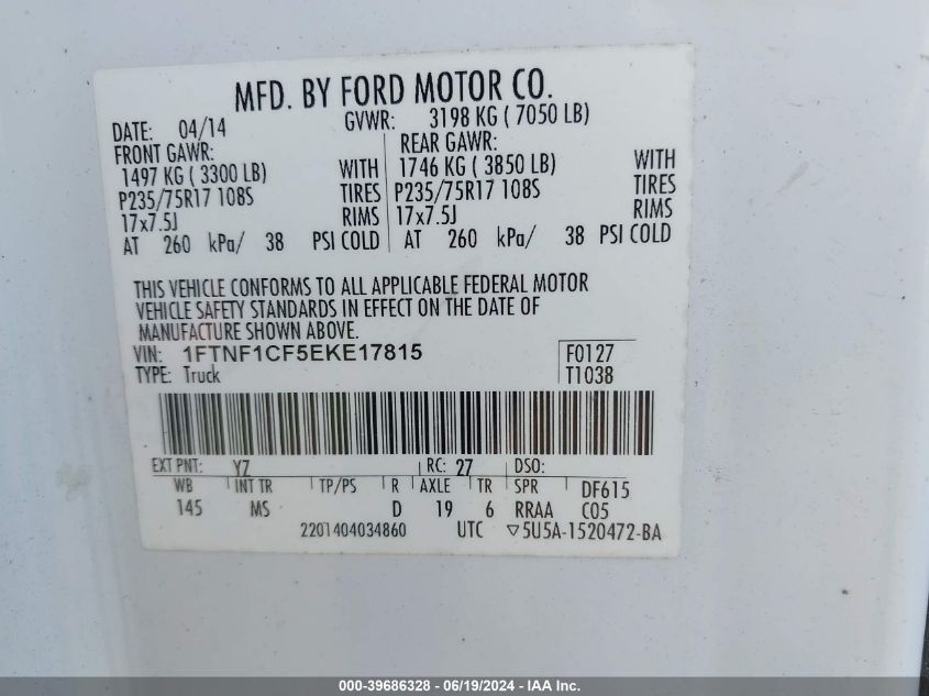 1FTNF1CF5EKE17815 | 2014 FORD F-150