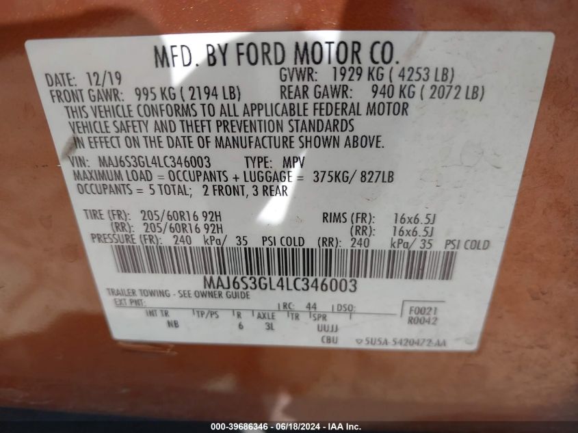 2020 Ford Ecosport Se VIN: MAJ6S3GL4LC346003 Lot: 39686346