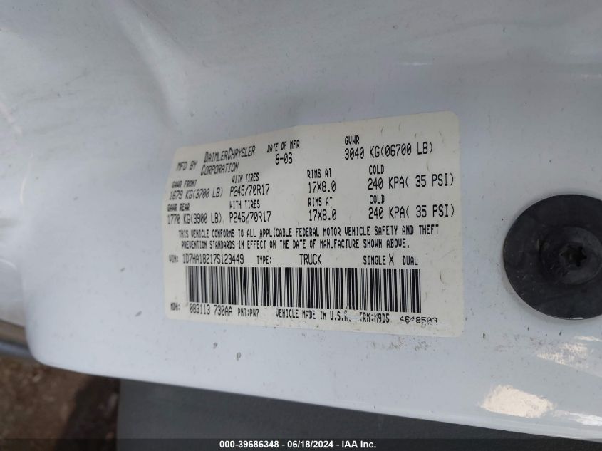 2007 Dodge Ram 1500 Slt VIN: 1D7HA18217S123449 Lot: 39686348