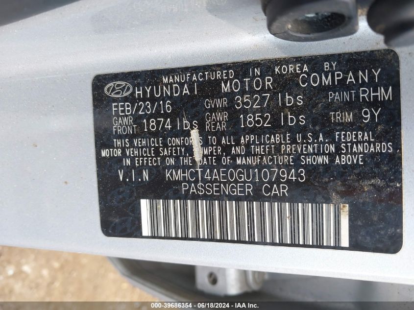 2016 Hyundai Accent Se VIN: KMHCT4AE0GU107943 Lot: 39686354