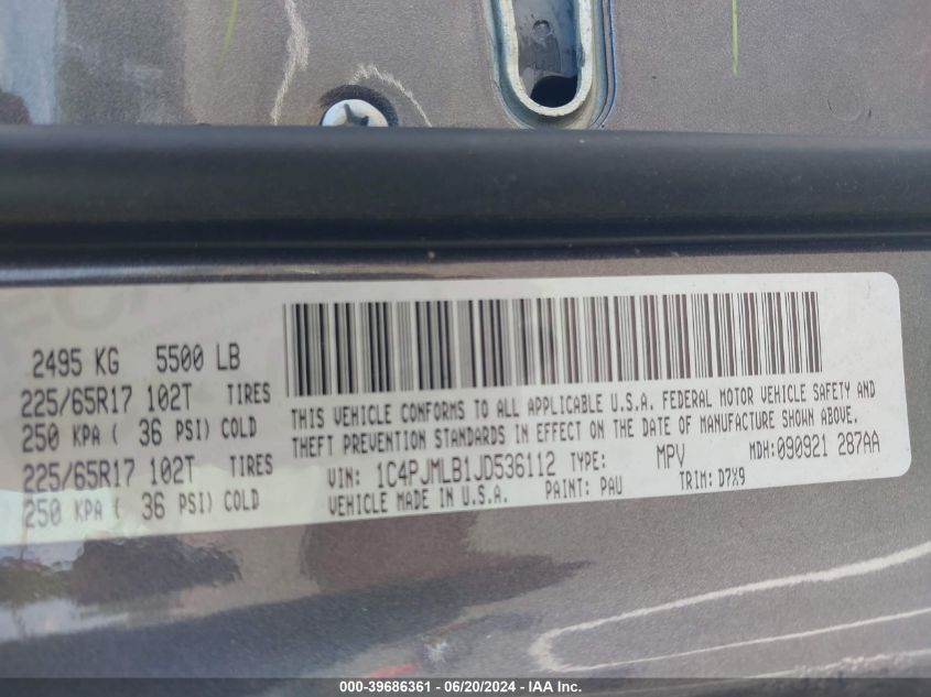 2018 Jeep Cherokee Latitude Plus VIN: 1C4PJMLB1JD536112 Lot: 39686361