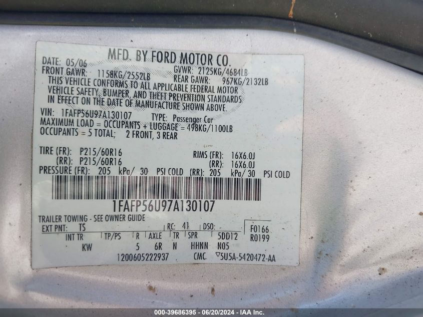 2007 Ford Taurus Sel VIN: 1FAFP56U97A130107 Lot: 39686395