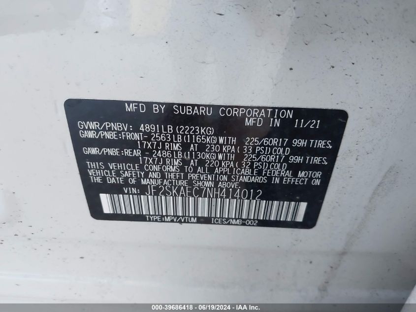 2022 Subaru Forester Premium VIN: JF2SKAEC7NH414012 Lot: 39686418