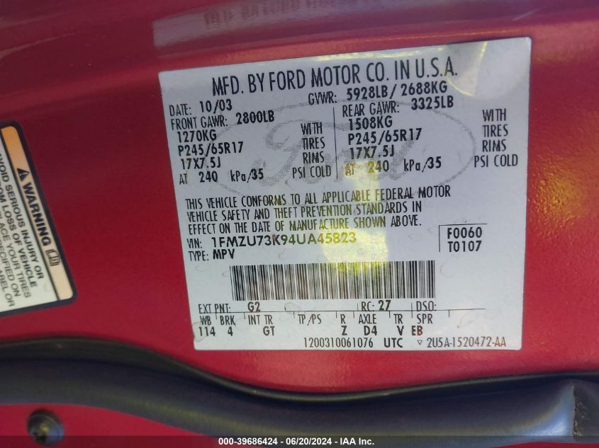 2004 Ford Explorer Nbx/Xlt VIN: 1FMZU73K94UA45823 Lot: 39686424