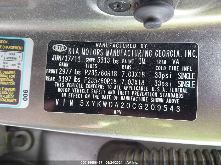 2012 Kia Sorento Sx V6 VIN: 5XYKWDA20CG209543 Lot: 39686437