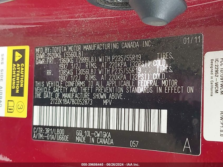 2011 Lexus Rx 350 VIN: 2T2ZK1BA7BC052873 Lot: 39686445