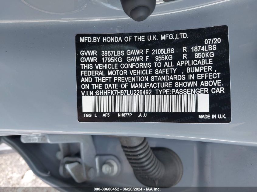 2020 Honda Civic Sport Touring VIN: SHHFK7H97LU226492 Lot: 39686452