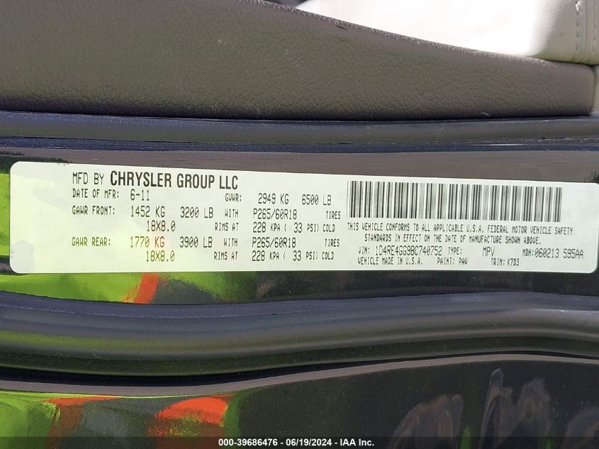 2011 Dodge Durango Crew VIN: 1D4RE4GG9BC740752 Lot: 39686476