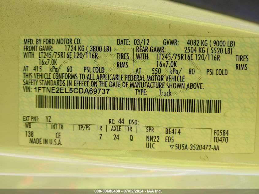 2012 Ford E-250 Commercial VIN: 1FTNE2EL5CDA69737 Lot: 39686488