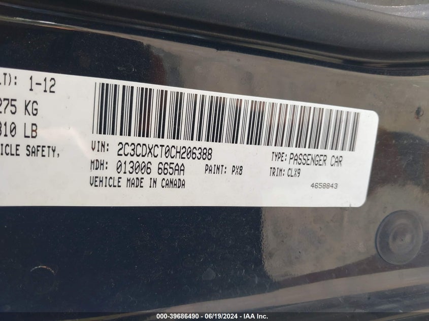 2012 Dodge Charger R/T VIN: 2C3CDXCT0CH206388 Lot: 39686490