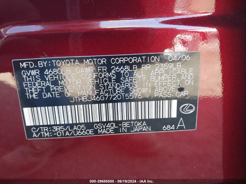 2007 Lexus Es 350 VIN: JTHBJ46G772015576 Lot: 39686500