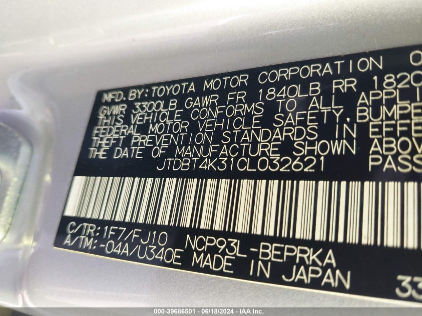 2012 Toyota Yaris VIN: JTDBT4K31CL032621 Lot: 39686501