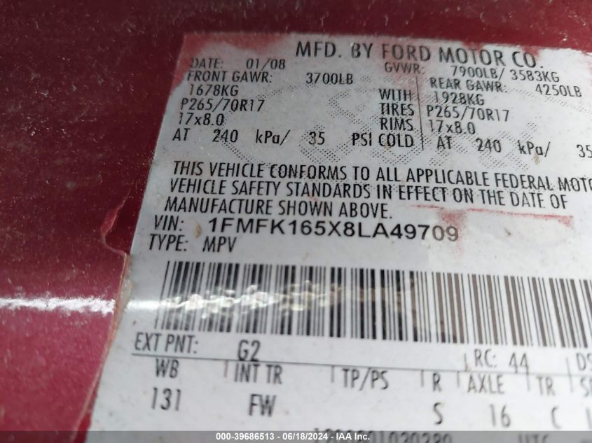 2008 Ford Expedition El Xlt VIN: 1FMFK165X8LA49709 Lot: 39686513