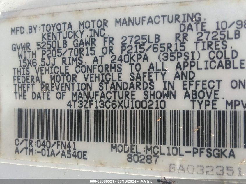 1999 Toyota Sienna Le VIN: 4T3ZF13C6XU100210 Lot: 39686521