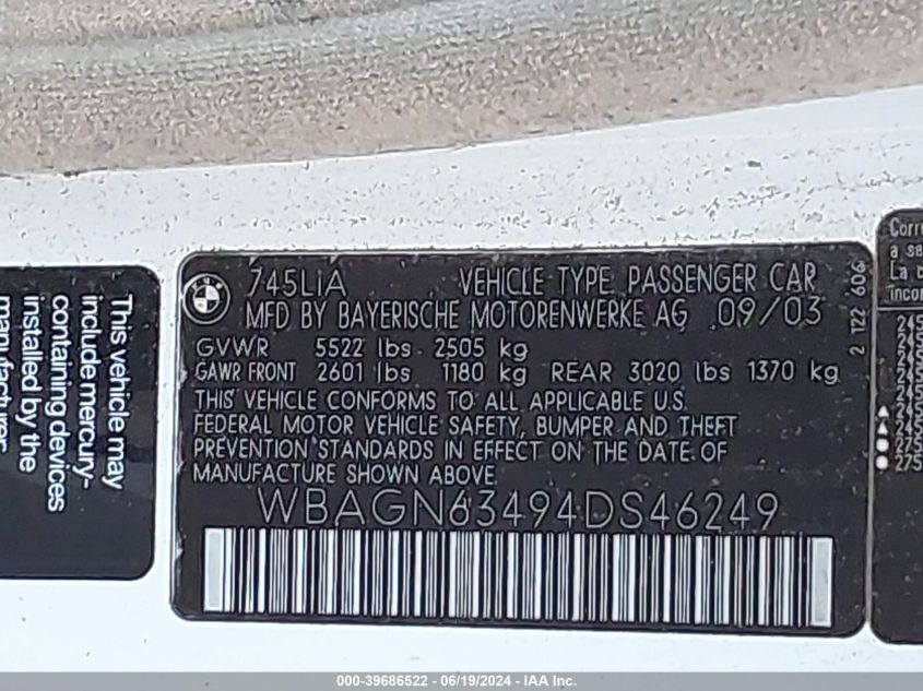 2004 BMW 745Li VIN: WBAGN63494DS46249 Lot: 39686522
